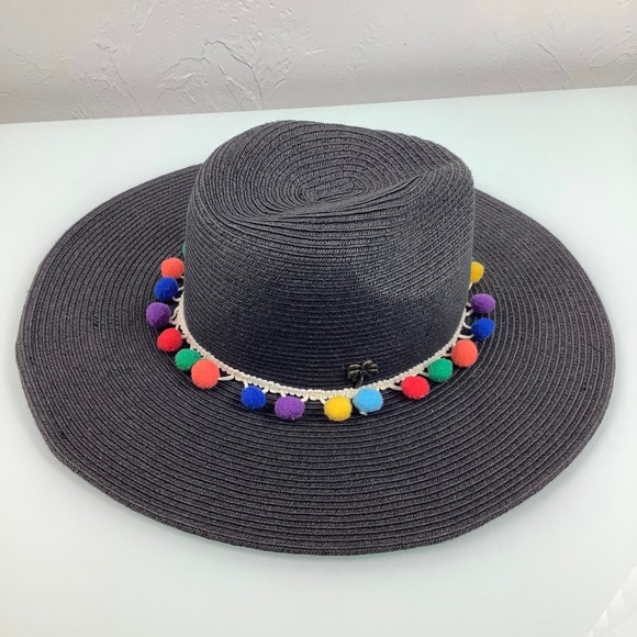Sun N Sand Wide Rim Pom Pom Multicolor Black Straw Hat Size OSFM 22” EUC - Picture 6 of 12